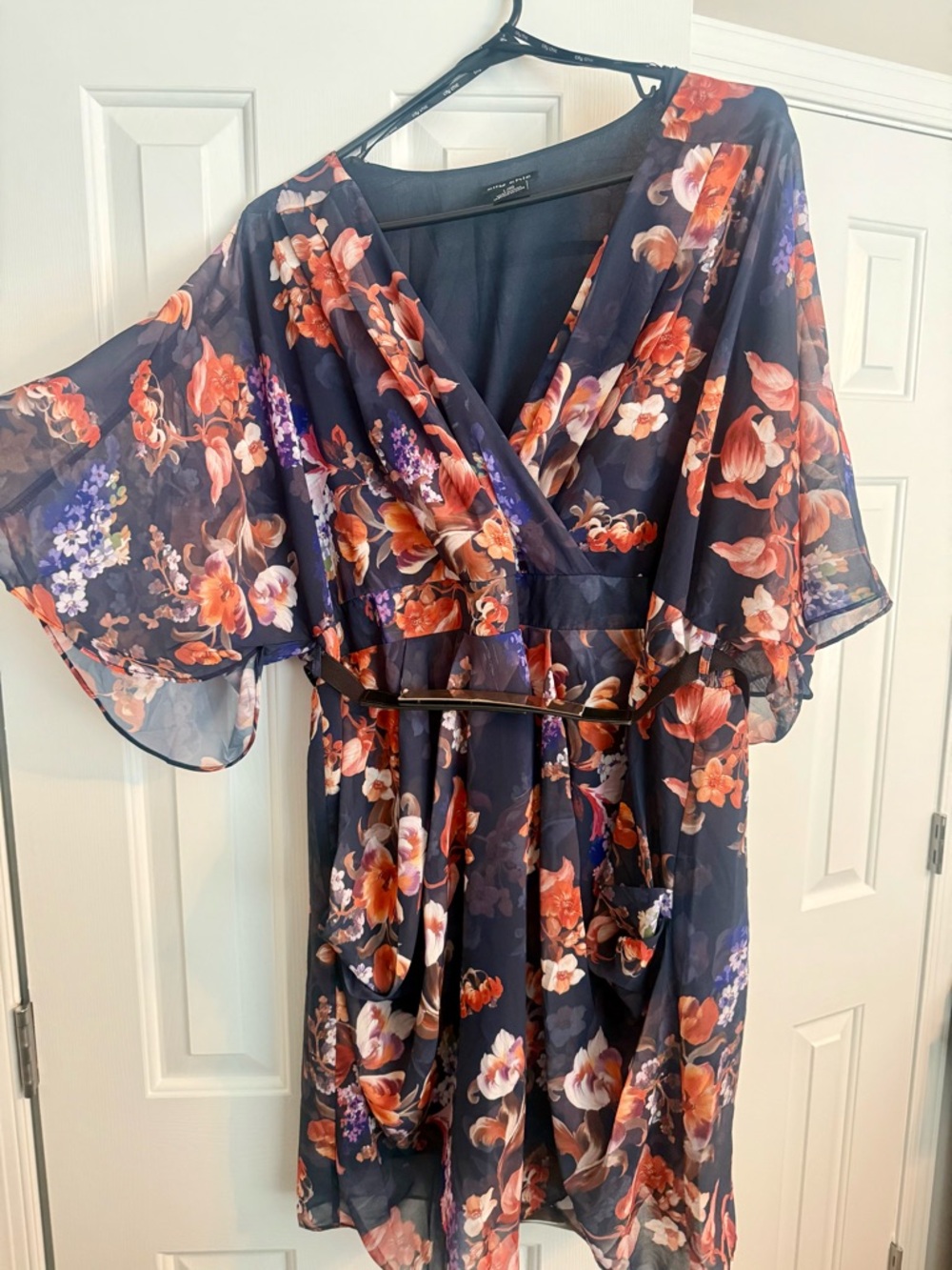 City Chic Navy Floral Wrap Midi Dress with Pink & Orange Flowers